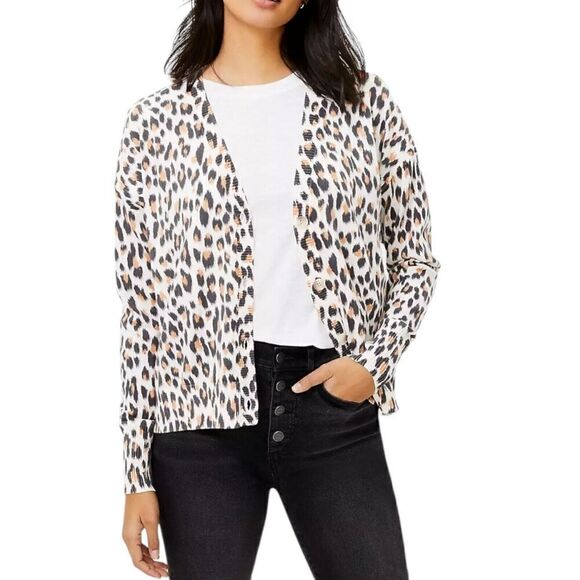 LOFT Leopard Print V-Neck Cardigan Sweater Women Color Cream/Gray Size Small - Picture 1 of 9